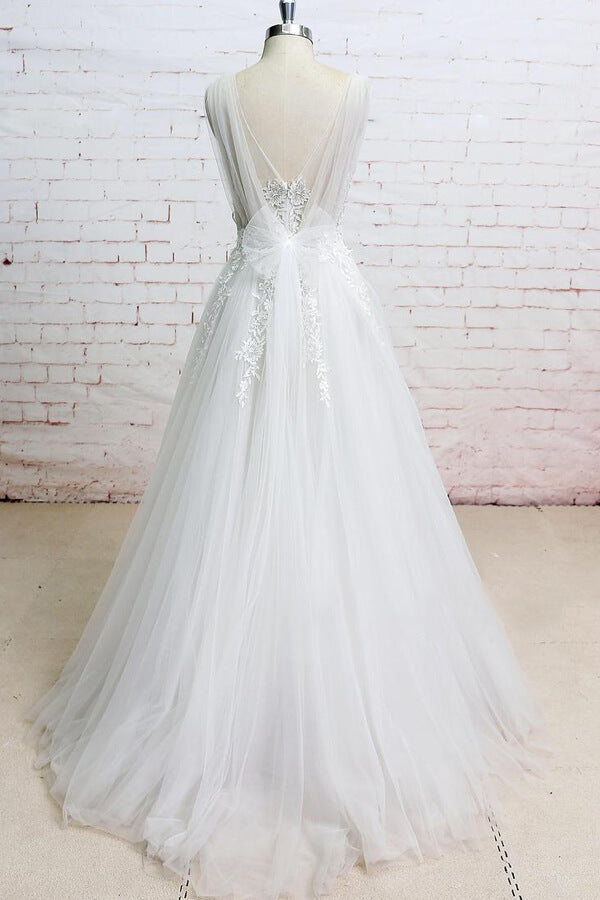 
                  
                    Long A-line V-neck Appliques Lace Tulle Wedding Dress-BIZTUNNEL
                  
                