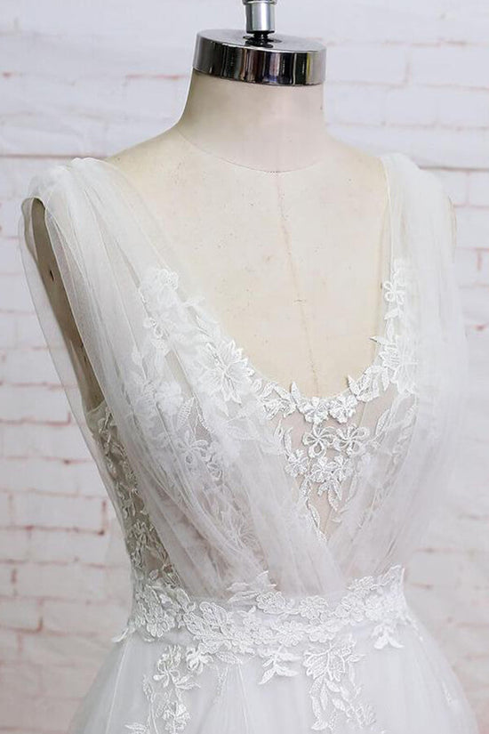 Load image into Gallery viewer, Long A-line V-neck Appliques Lace Tulle Wedding Dress-BIZTUNNEL
