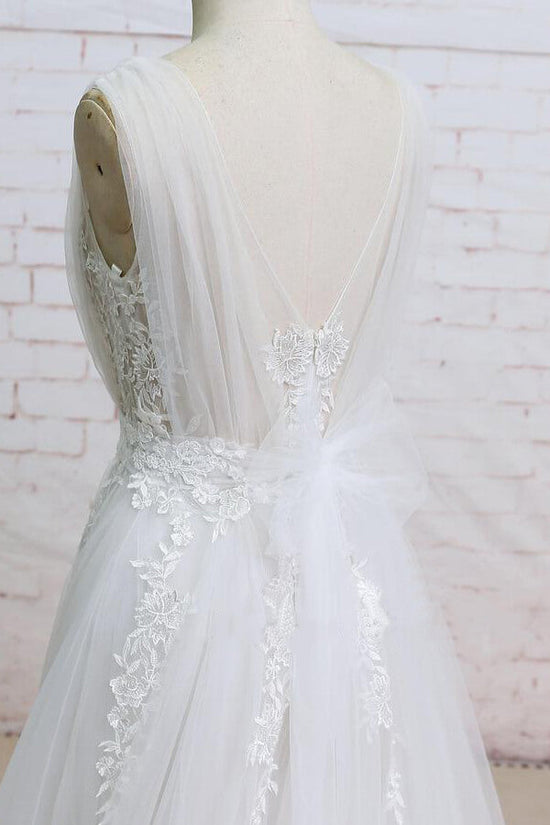 Load image into Gallery viewer, Long A-line V-neck Appliques Lace Tulle Wedding Dress-BIZTUNNEL

