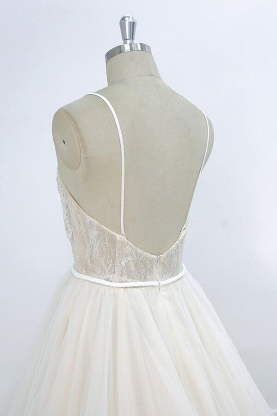 Long A-line V-neck Appliques Lace Tulle Wedding Dress-BIZTUNNEL