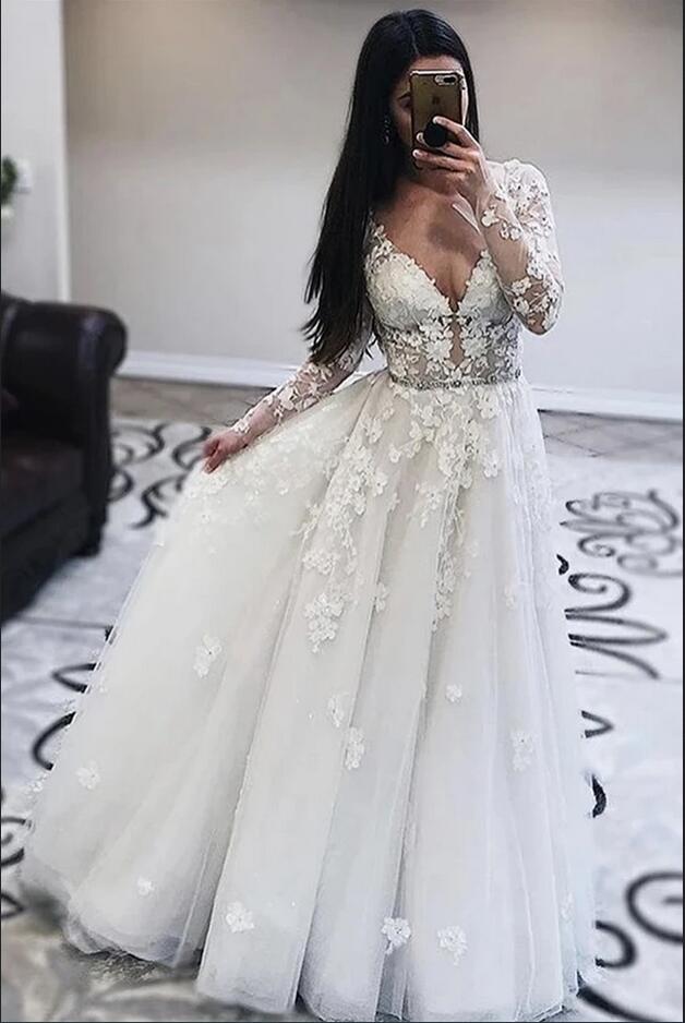 Long A-Line V-neck Appliques Lace Tulle Wedding Dress with Sleeves-BIZTUNNEL