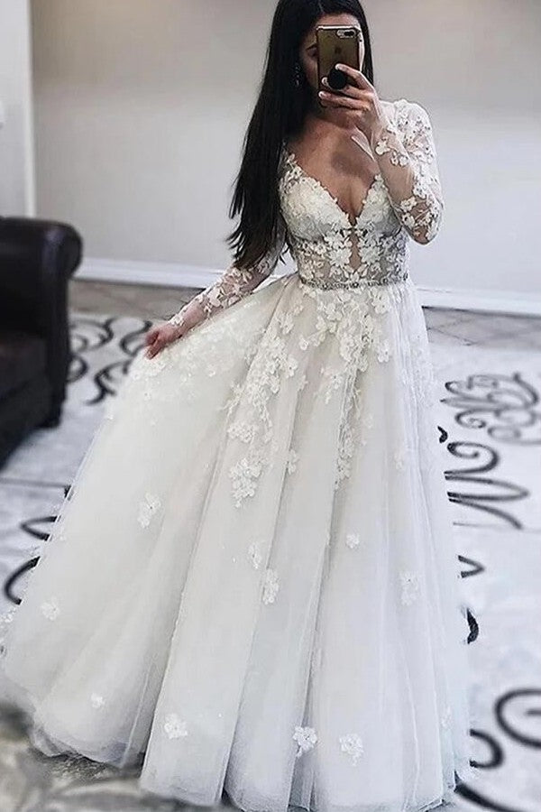 A Line Sheer Neck Tulle Wedding Dresses with Appliques N069