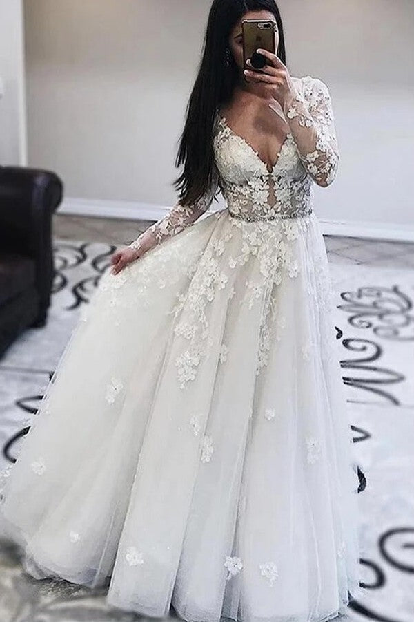 Long A-Line V-neck Appliques Lace Tulle Wedding Dress with Sleeves-BIZTUNNEL