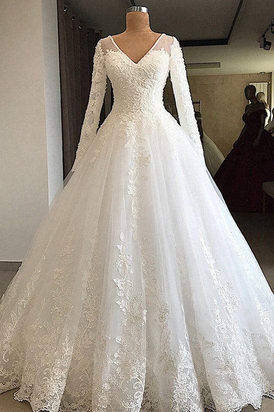Long A-line V-neck Appliques Lace Tulle Wedding Dress with Sleeves-BIZTUNNEL