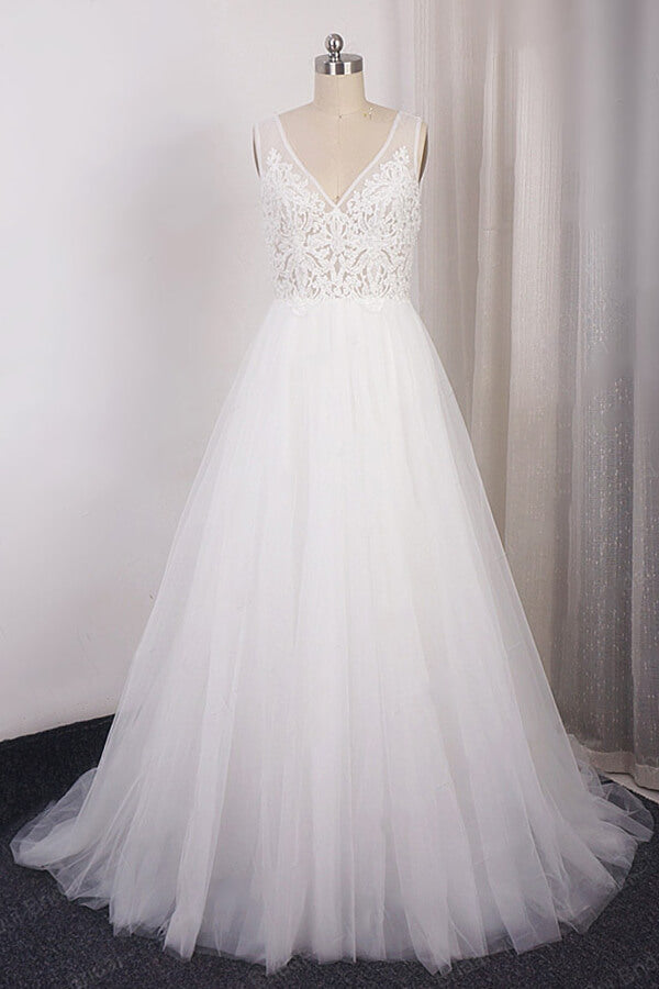 Carregar imagem no visualizador da galeria, Long A-line V-neck Appliques Lace Tulle Wedding Dress-BIZTUNNEL
