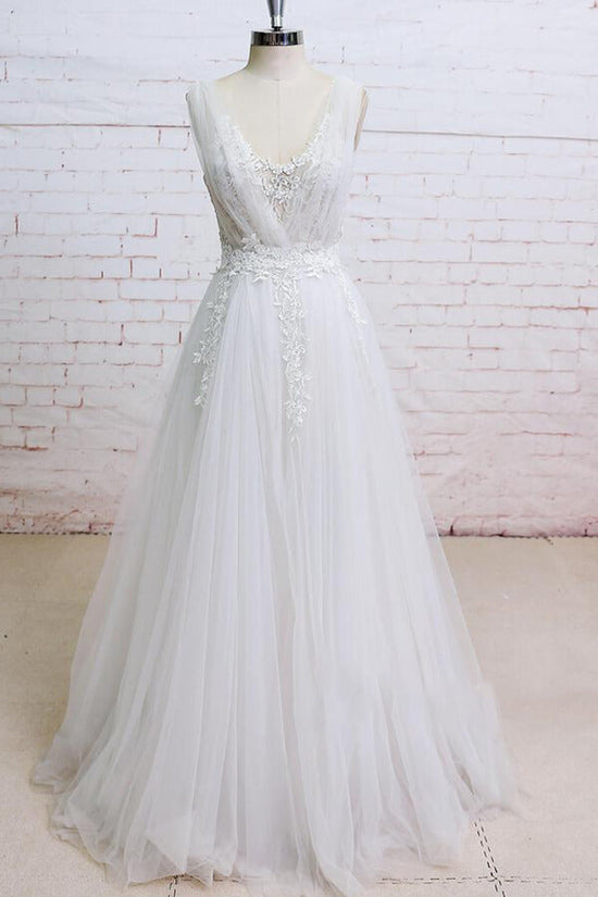 A Line V Neck Straps Tulle Appliques Wedding Dress LBQW0169 main image 1