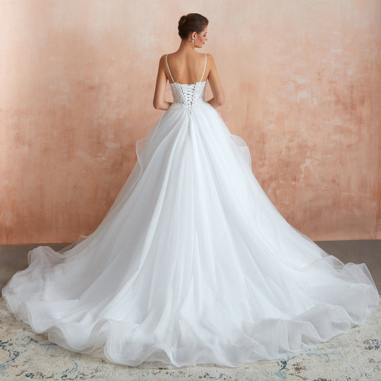 Laden Sie das Bild in den Galerie-Viewer, Long A-line V-neck Appliques Tulle Wedding Dress-BIZTUNNEL
