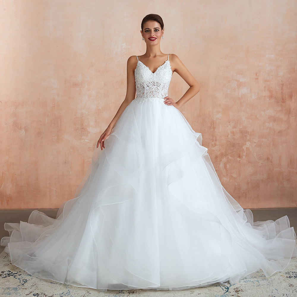 Load image into Gallery viewer, Long A-line V-neck Appliques Tulle Wedding Dress-BIZTUNNEL
