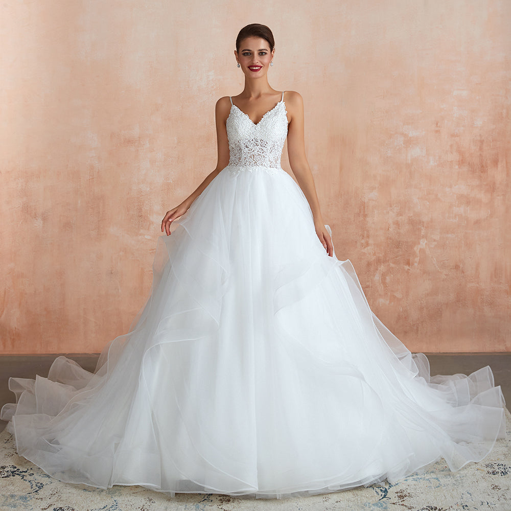 Long A-line V-neck Appliques Tulle Wedding Dress-BIZTUNNEL