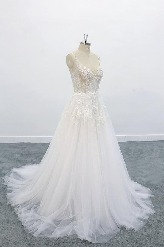 Long A-line V-neck Backless Appliques Lace Tulle Wedding Dress-BIZTUNNEL