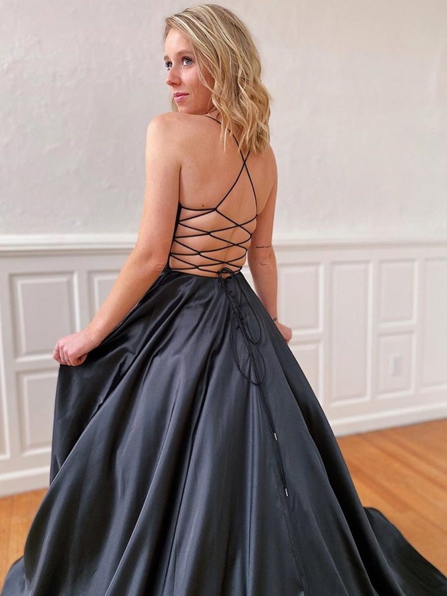 Long A-line V-neck Backless Satin Prom Dresses Black Open Back Formal Gowns-BIZTUNNEL
