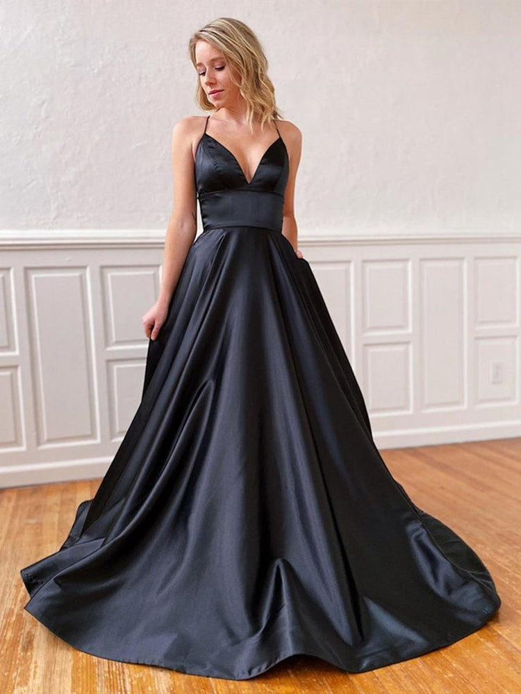 Long A-line V-neck Backless Satin Prom Dresses Black Open Back Formal BIZTUNNEL Long A-line V-neck Backless Satin Prom Dresses Black Open Back Formal BIZTUNNEL