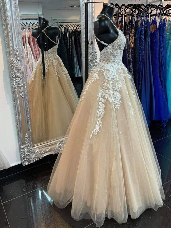 Long A-line V-neck Backless Tulle Prom Dress Champagne Lace Formal Evening Gowns-BIZTUNNEL