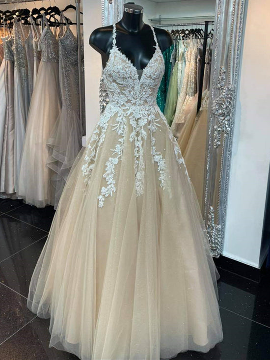 Long A-line V-neck Backless Tulle Prom Dress Champagne Lace Formal Evening Gowns-BIZTUNNEL
