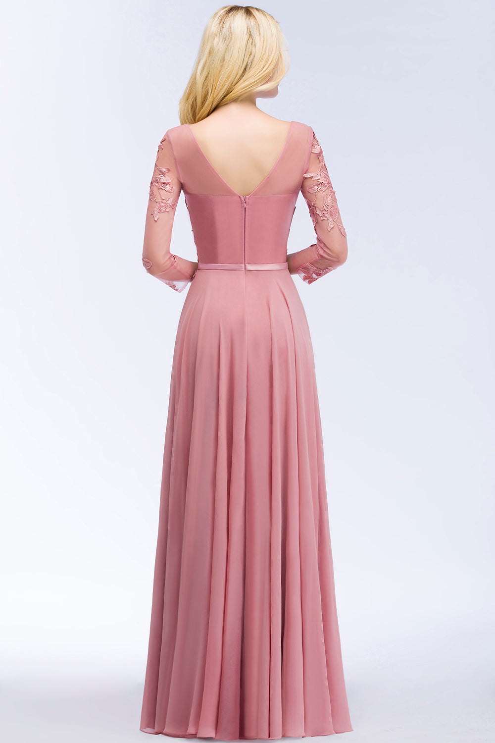 Charger l&amp;#39;image dans la galerie, Long A-line V-Neck Chiffon Appliques Lace Bridesmaid Dresses with Sleeves-BIZTUNNEL
