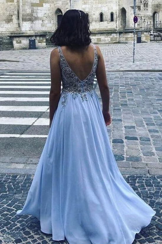 Load image into Gallery viewer, Long A-line V-neck Chiffon Beading Backless Prom Dress-BIZTUNNEL
