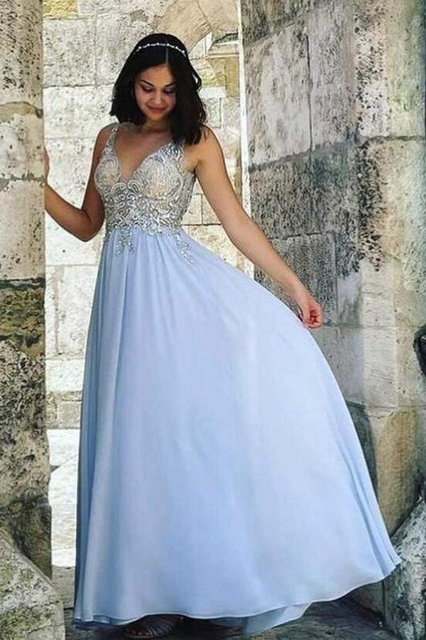 Load image into Gallery viewer, Long A-line V-neck Chiffon Beading Backless Prom Dress-BIZTUNNEL
