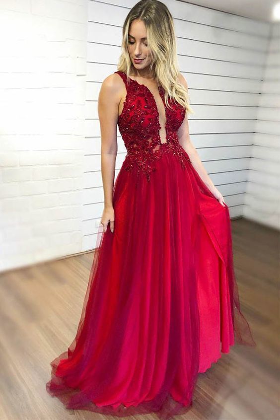 Long A-Line V-neck Chiffon Beading Red Prom Dresses with Slit-BIZTUNNEL