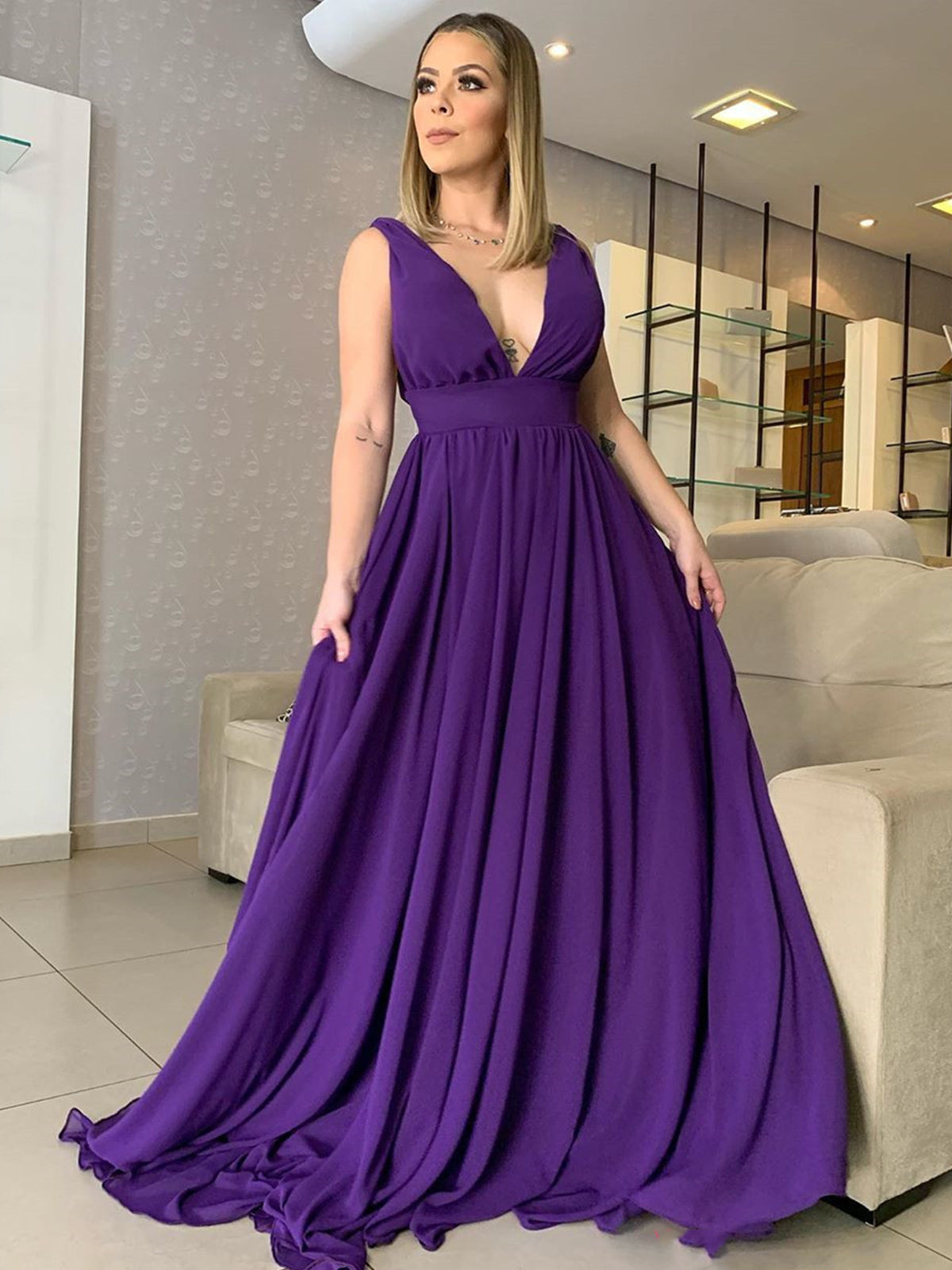 Charger l&amp;#39;image dans la galerie, Long A-line V-neck Chiffon Prom Dress Purple Backless Formal Evening Dresses-BIZTUNNEL
