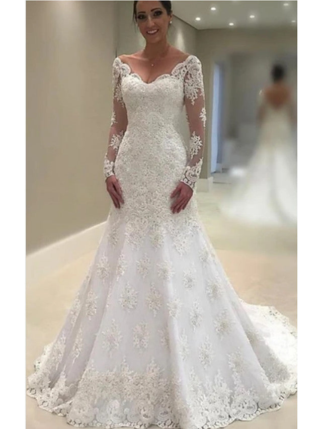 Long A-Line V Neck Court Train Lace Tulle Wedding Dresses with Sleeves-BIZTUNNEL