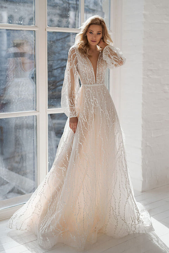 Long A-line V-neck Court Train Tulle Wedding Dress with Sleeves-BIZTUNNEL