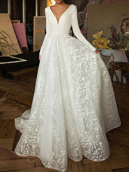 Long A-Line V-Neck Covered Button Satin Lace Wedding Dresses with Sleeves-BIZTUNNEL