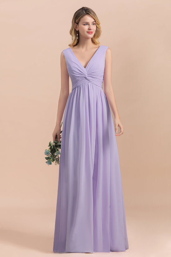 Carregar imagem no visualizador da galeria, Long A-Line V-neck Evening Dress Wide Straps Chiffon Lilac Bridesmaid Dress-BIZTUNNEL
