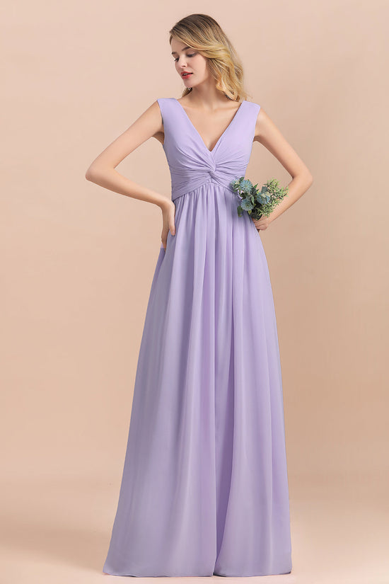 Long A-Line V-neck Evening Dress Wide Straps Chiffon Lilac Bridesmaid Dress-BIZTUNNEL
