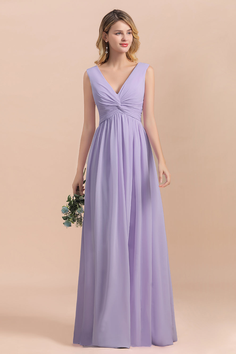 Long A-Line V-neck Evening Dress Wide Straps Chiffon Lilac Bridesmaid Dress-BIZTUNNEL