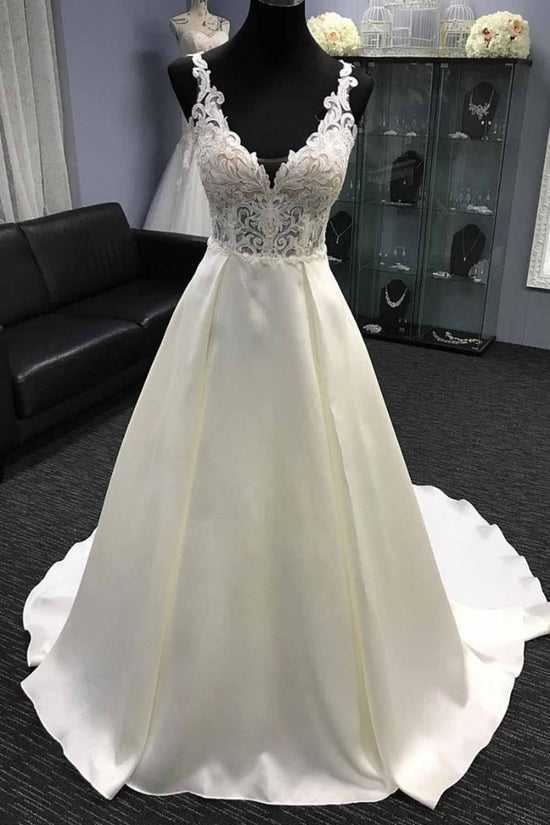 Long A-Line V Neck Halter Satin Wedding Dress-BIZTUNNEL