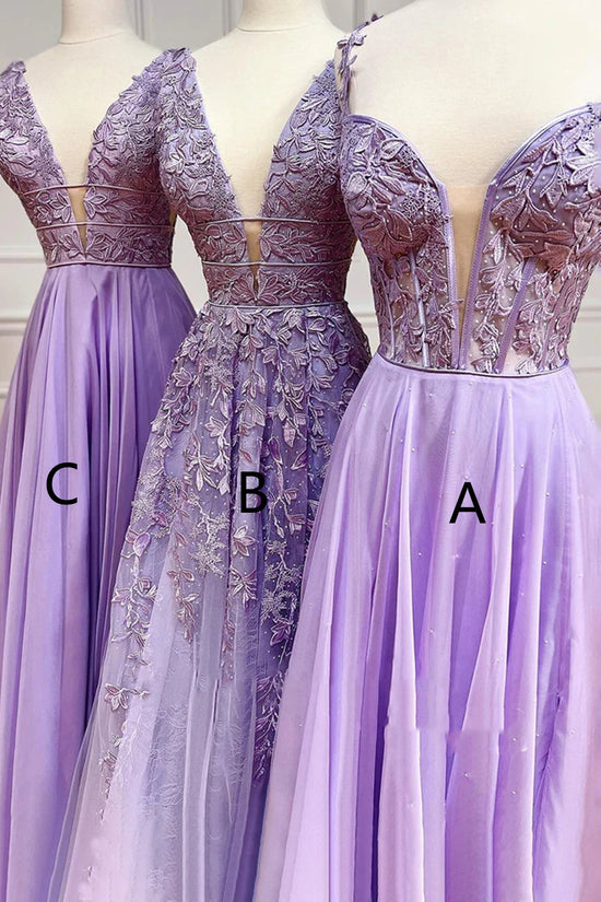Long A-line V-neck Lace Chiffon Prom Dress Lilac Formal Evening Dresses-BIZTUNNEL