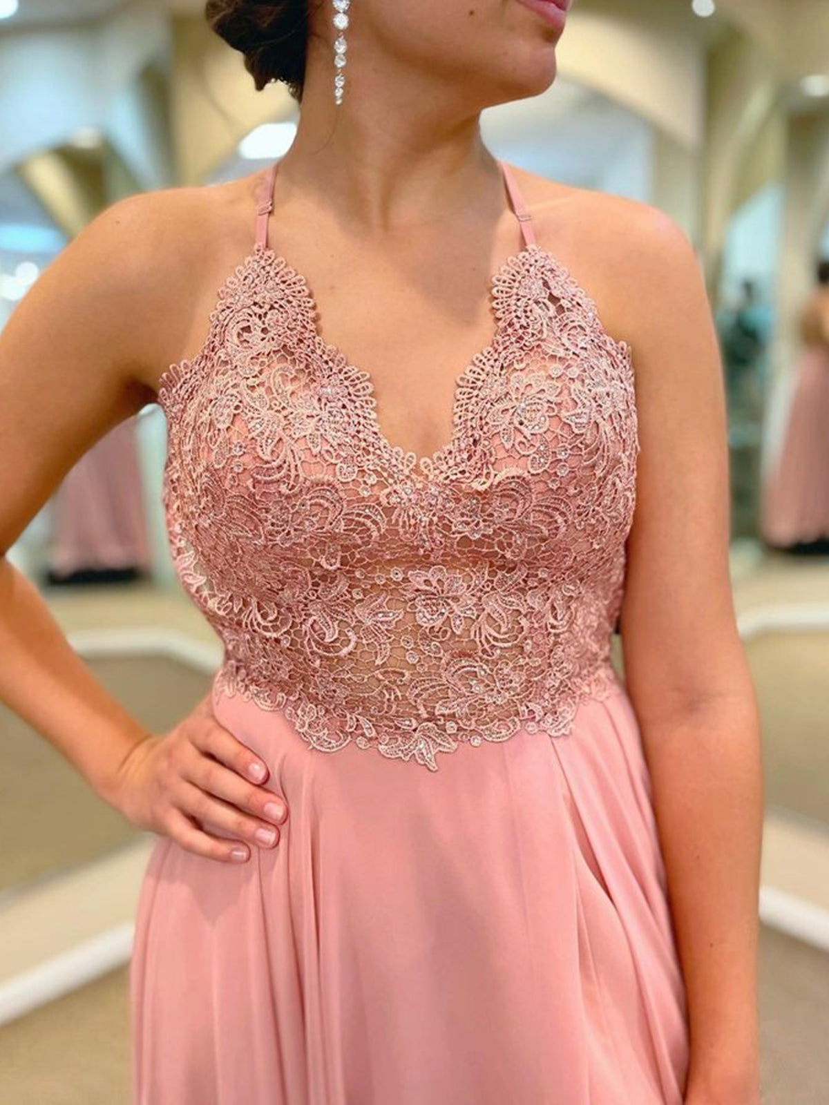 Long A-line V-neck Lace Chiffon Prom Dress with Slit Pink Formal Graduation Evening Dresses-BIZTUNNEL