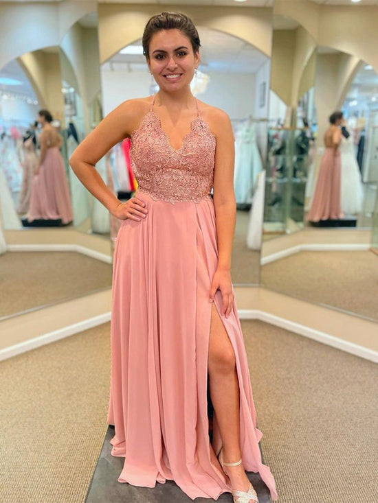 Long A-line V-neck Lace Chiffon Prom Dress with Slit Pink Formal Graduation Evening Dresses-BIZTUNNEL