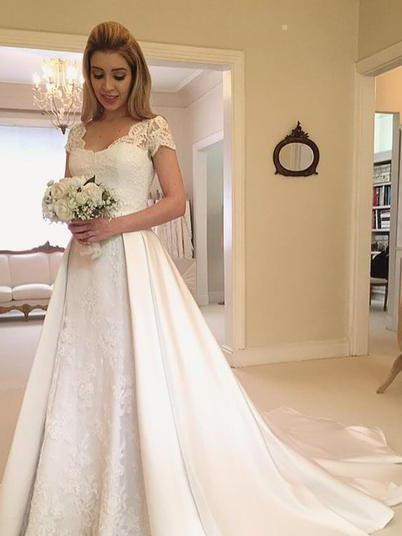 Long A-Line V-Neck Lace Satin Wedding Dresses with Sleeves-BIZTUNNEL