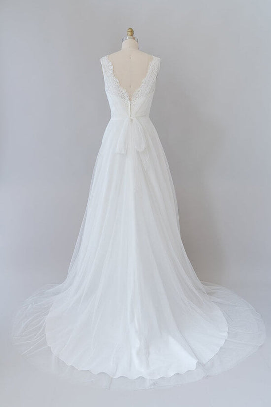 Long A-line V-neck Lace Tulle Backless Wedding Dress-BIZTUNNEL