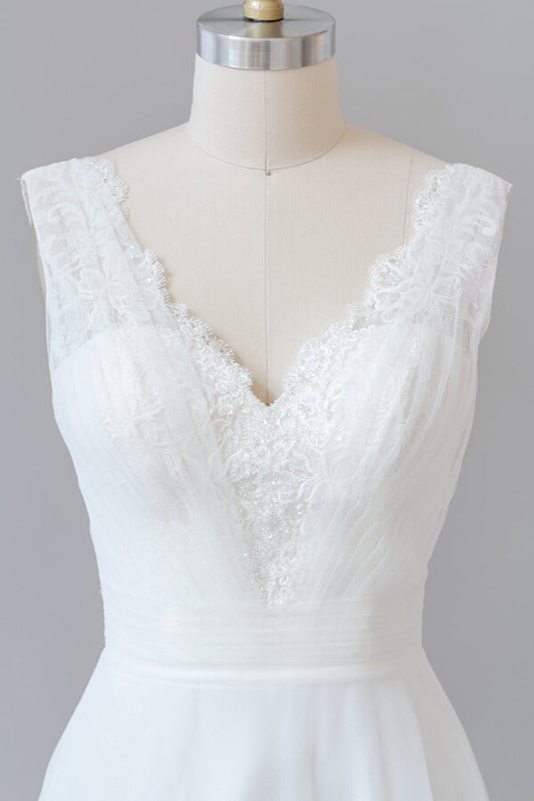 Charger l&amp;#39;image dans la galerie, Long A-line V-neck Lace Tulle Backless Wedding Dress-BIZTUNNEL
