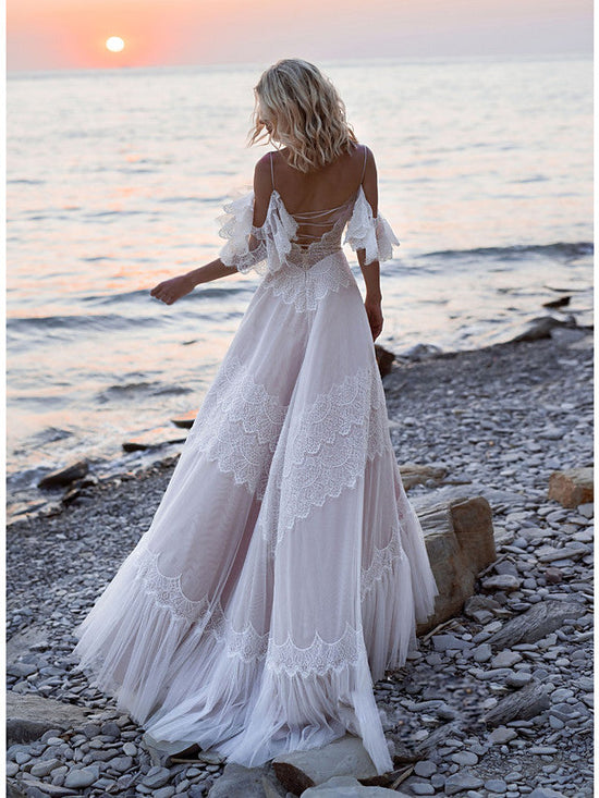 Carregar imagem no visualizador da galeria, Long A-Line V Neck Lace Tulle Backless Wedding Dresses with Sleeves-BIZTUNNEL
