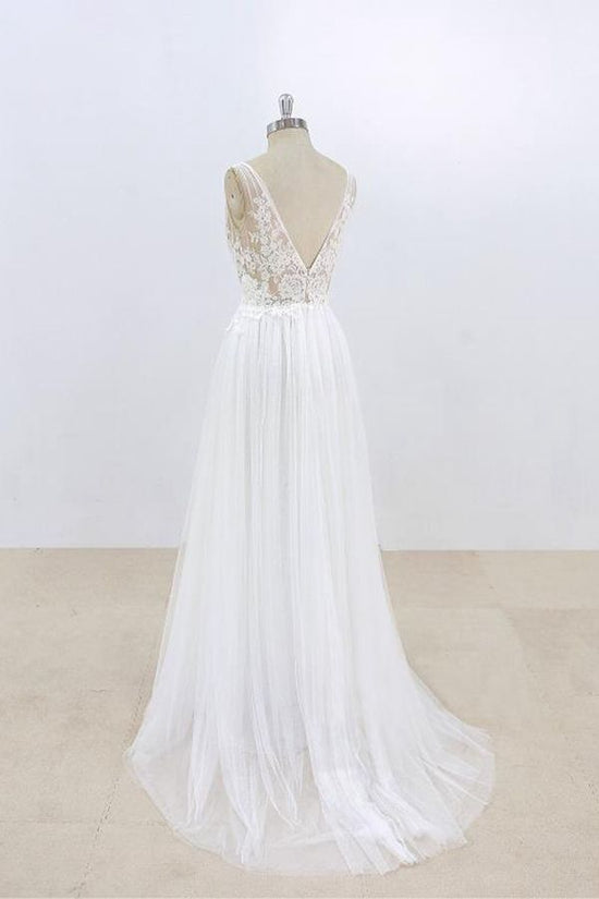 Long A-line V-neck Lace Tulle Open Back Wedding Dress-BIZTUNNEL
