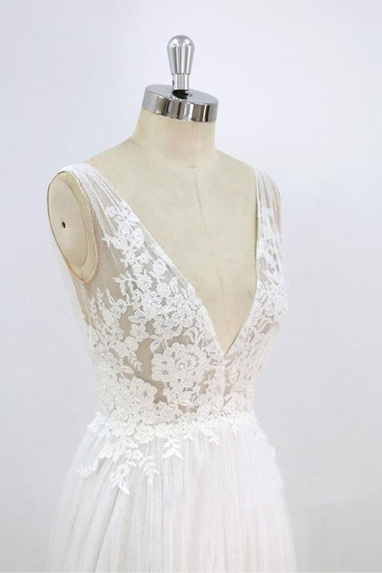 Long A-line V-neck Lace Tulle Open Back Wedding Dress-BIZTUNNEL