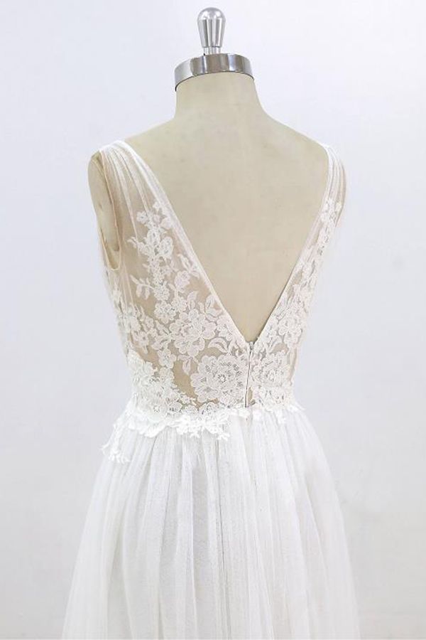 Charger l&amp;#39;image dans la galerie, Long A-line V-neck Lace Tulle Open Back Wedding Dress-BIZTUNNEL
