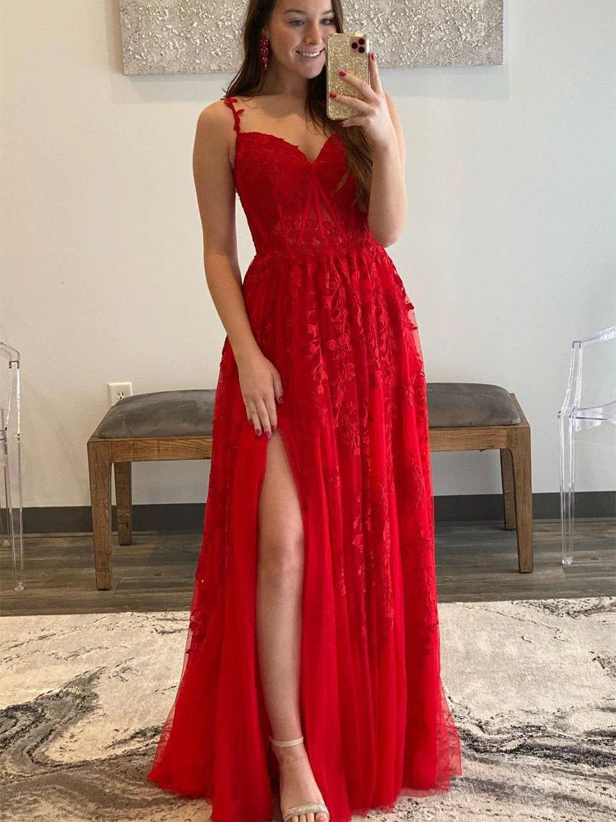 Long A Line V Neck Lace Tulle Prom Dresses with Slit Red Formal Graduation Evening Dresses-BIZTUNNEL