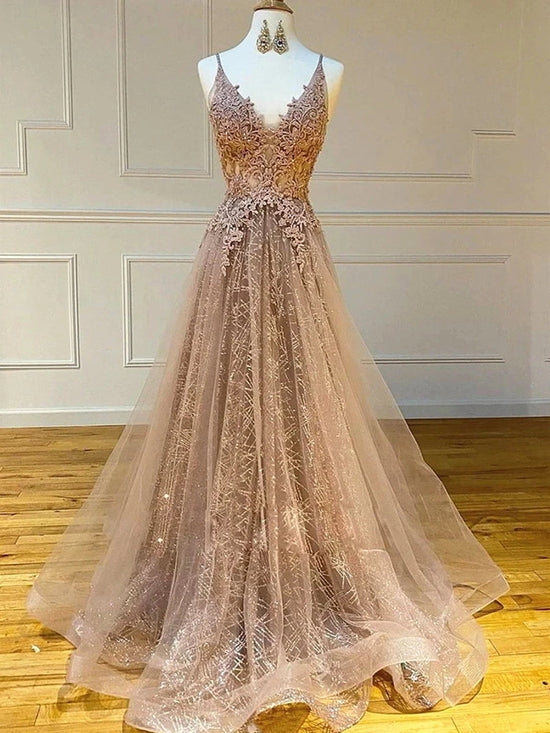 Load image into Gallery viewer, Long A-line V-neck Lace Tulle Prom Formal Graduation Evening Dresses-BIZTUNNEL
