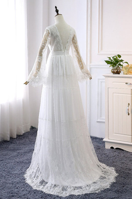 Long A-line V-neck Lace Tulle Wedding Dress with Sleeves-BIZTUNNEL