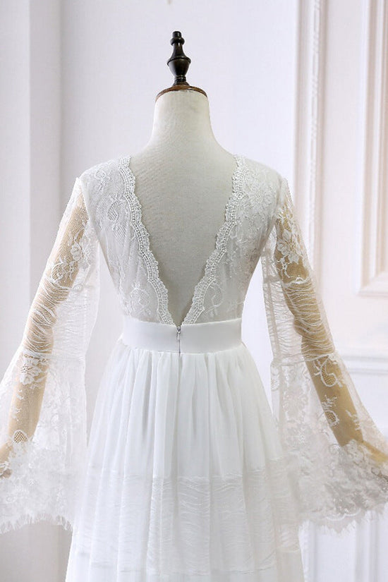 Long A-line V-neck Lace Tulle Wedding Dress with Sleeves-BIZTUNNEL