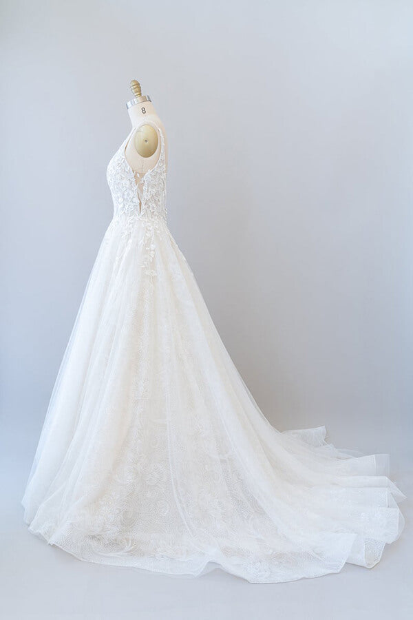 Long A-line V-neck Open Back Appliques Lace Tulle Wedding Dress-BIZTUNNEL
