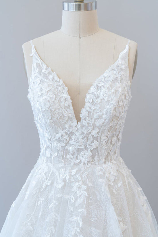 Elegant Long A-line V Neck Tulle Lace Open Back Wedding Dress