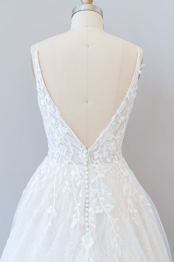 Charming V-Neck Satin Spaghetti-Straps Wedding Dresses Sleeveless Mermaid Open Back With Appliques Lace main image 1