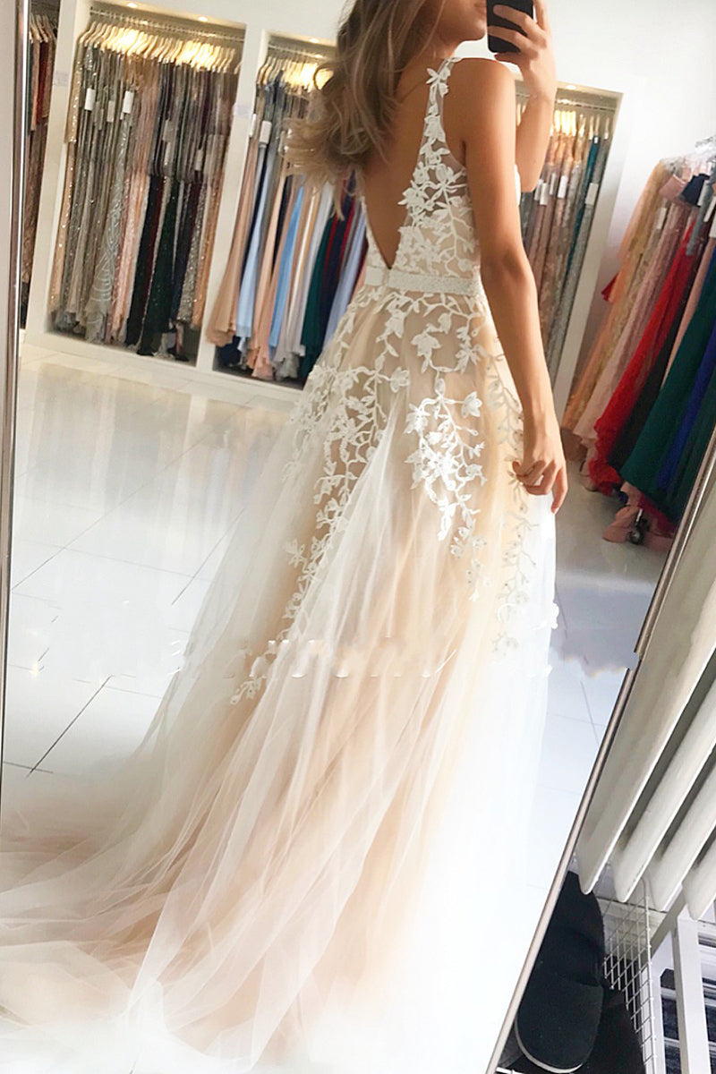 Long A-Line V-neck Open Back Lace Tulle Prom Dress-BIZTUNNEL