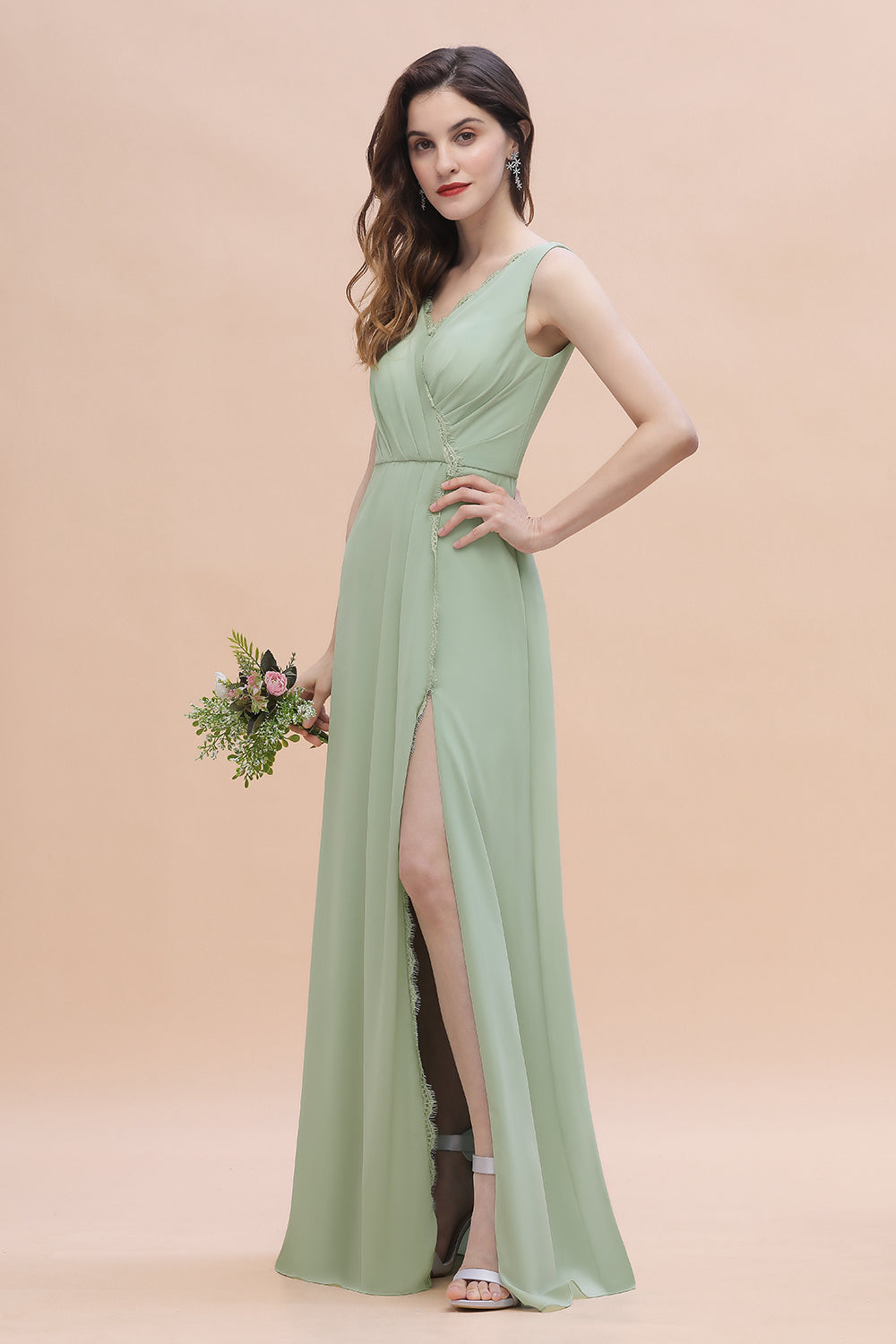 Long A-Line V-Neck Ruffles Chiffon Bridesmaid Dress With Slit Long A-Line V-Neck Ruffles Chiffon Bridesmaid Dress With Slit