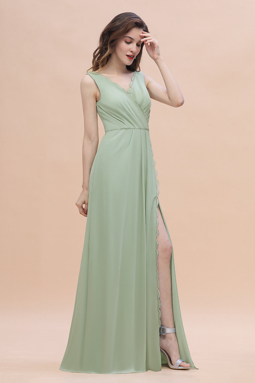 Load image into Gallery viewer, Long A-Line V-Neck Ruffles Chiffon Bridesmaid Dress With Slit-BIZTUNNEL
